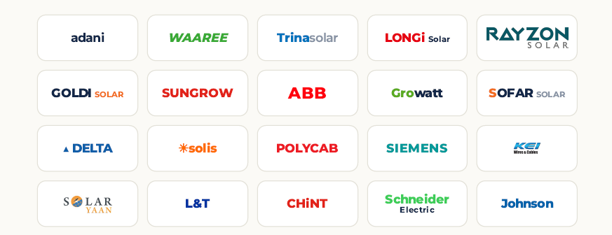 Tier-1 partner brands: Adani, Waaree, Trina Solar, LONGi, Rayzon, Goldi, Sungrow, ABB, Growatt, Sofar, Delta, Solis, Polycab, Siemens, KEI, Solar Yaan, L&T, CHiNT, Schneider Electric, Johnson